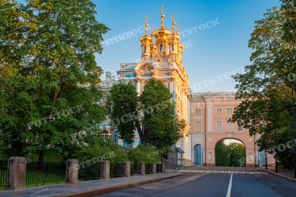 Фотография показывает роскошный золотой венец церковных куполов, возвышающихся над голубыми стенами Екатерининского дворца в Санкт-Петербурге. Деревья с зелёными листьями на переднем плане добавляют живописности сцене. Такое изображение может быть использовано в путеводителях и туристических брошюрах, в культурно-исторических материалах, или как элемент урбанистического ландшафта в фотографической выставке.